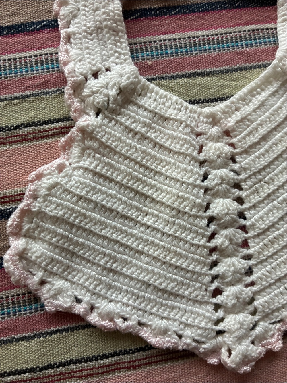 Antique Vintage Handmade White Crochet Baby bib with Pink Trim - Picture 3 of 5
